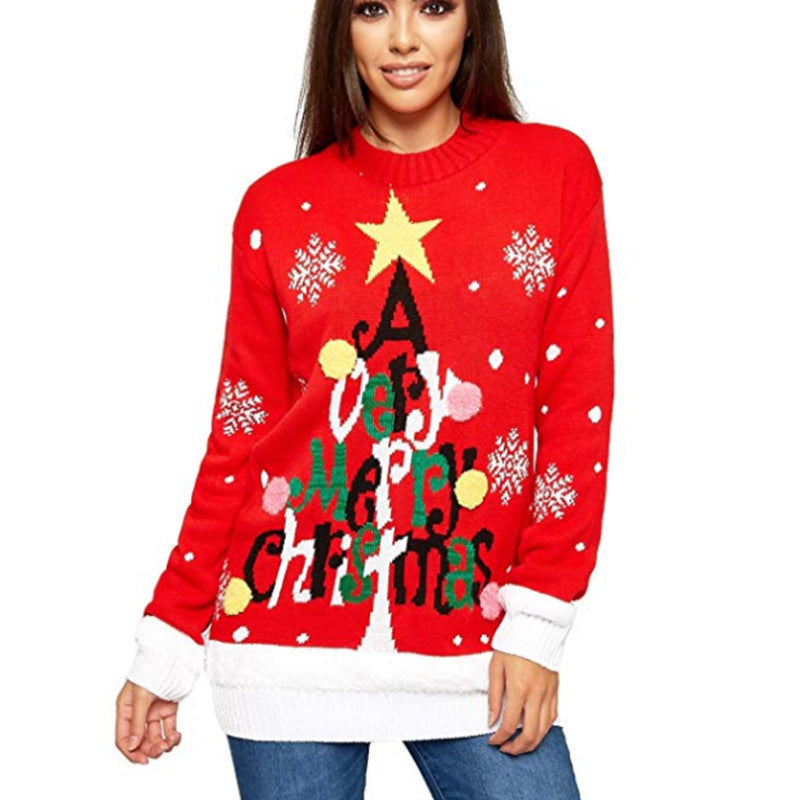 Letter Jacquard Christmas Tree Knitted Pullover Sweater