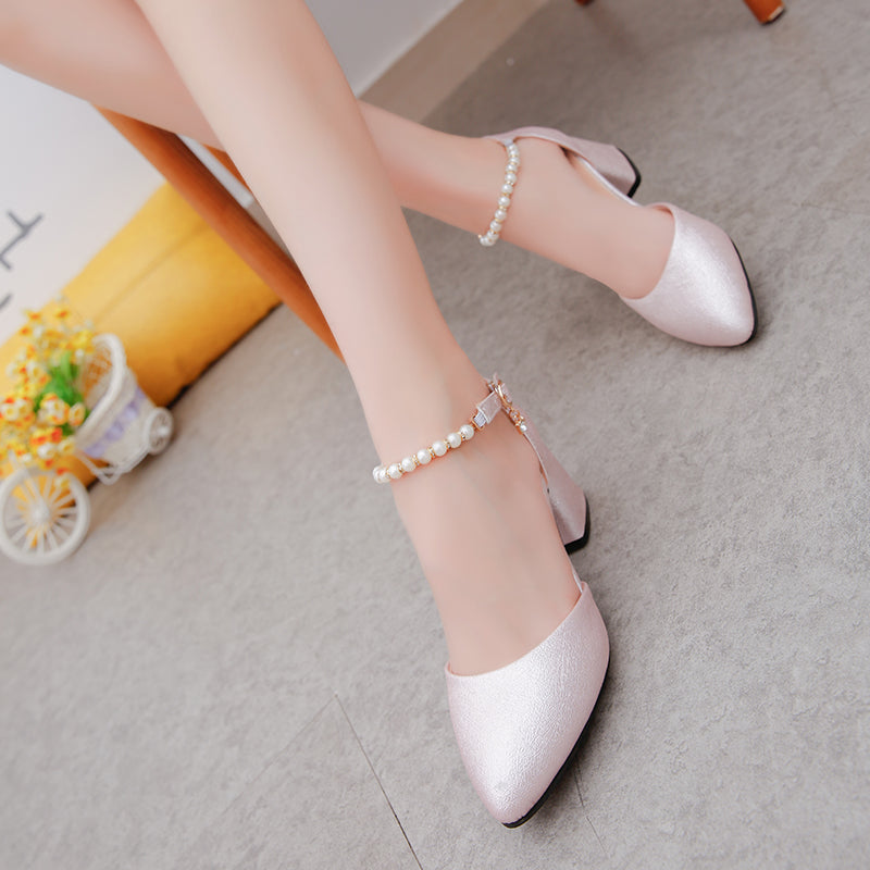 Women's Elegant Closed Toe Heels with Beaded Ankle Strap