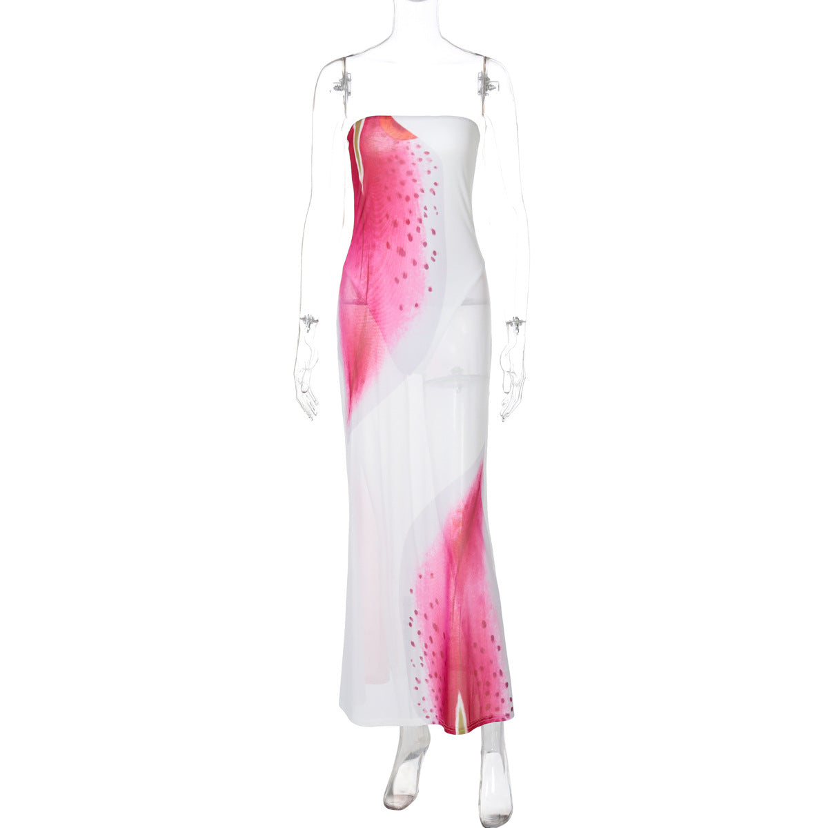 Summer Floral Print Tube Top Slit Bodycon Mesh Dress For Women