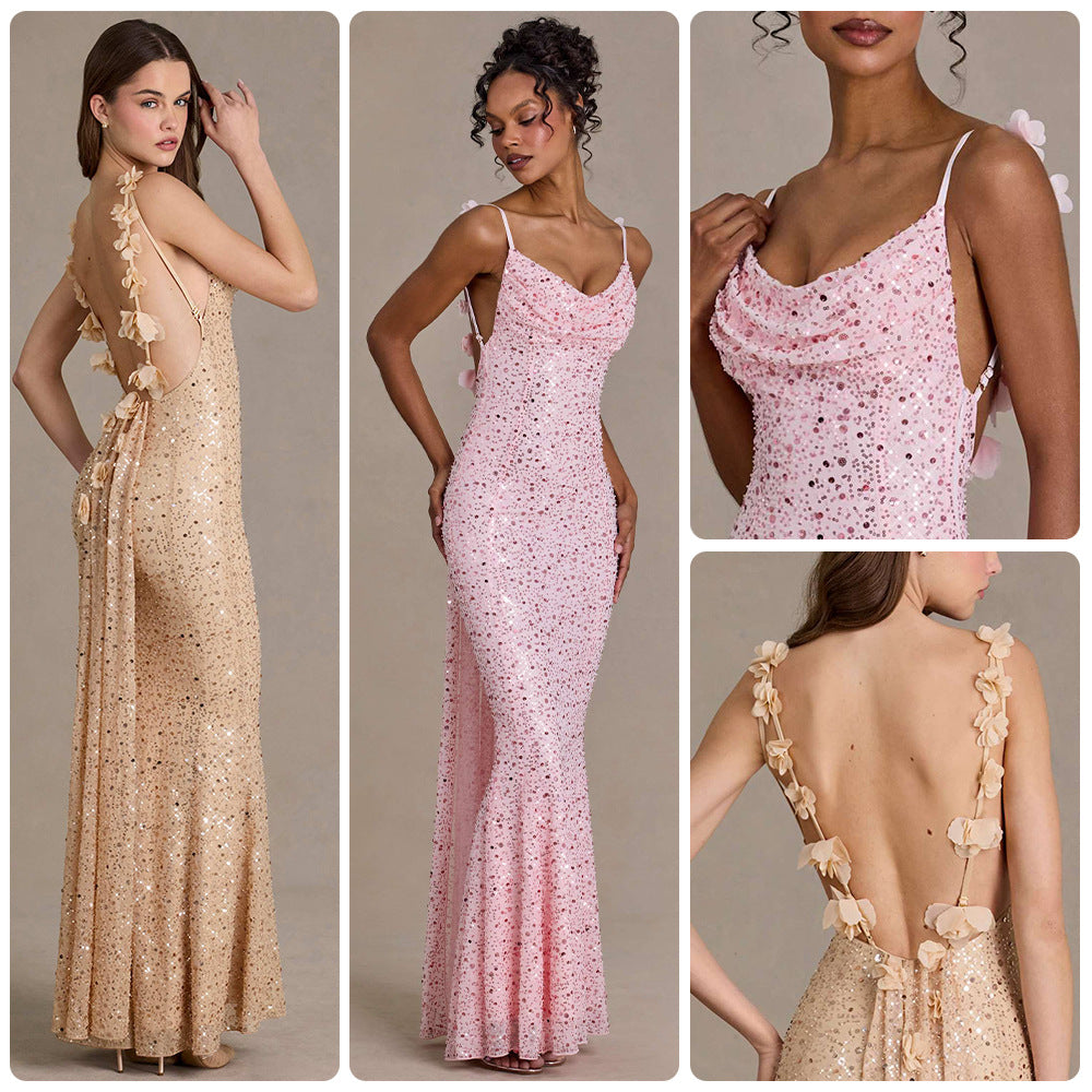 Sequin-beaded Tube Strap Backless Slim-fit Mermaid Maxi Dress