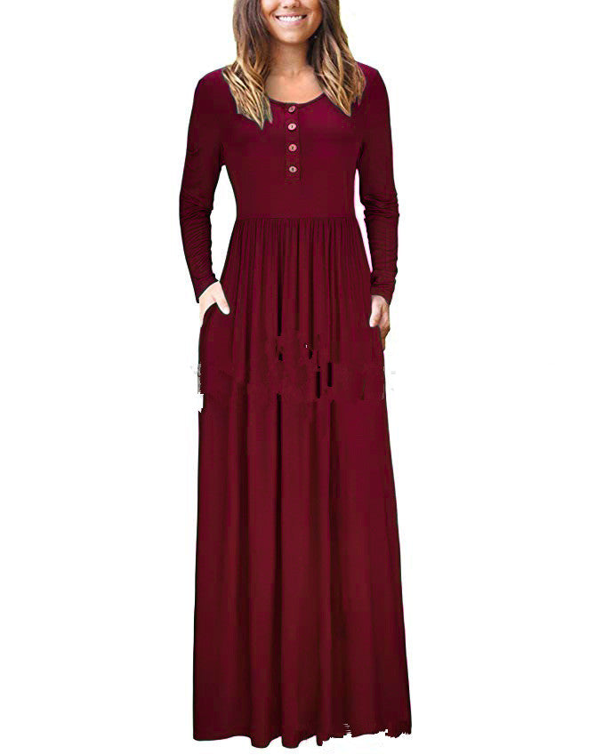 Women’s Long Sleeve Maxi Dress with Round Neck and Pockets in 5 Colors S-XXL - Wazzi's Wear