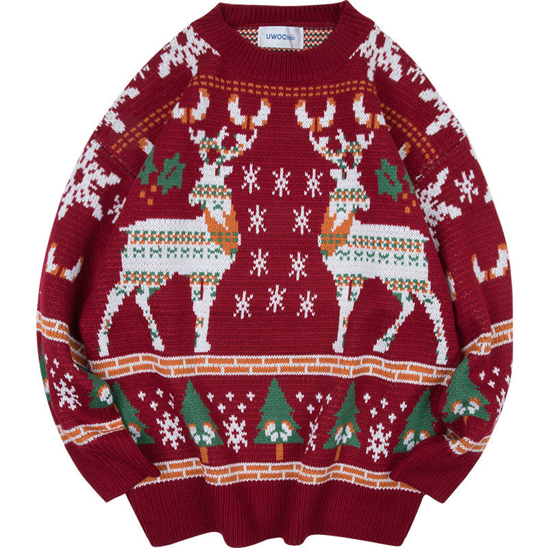 Men's loose fit Christmas sweater with reindeer and festive patterns in red and green colors