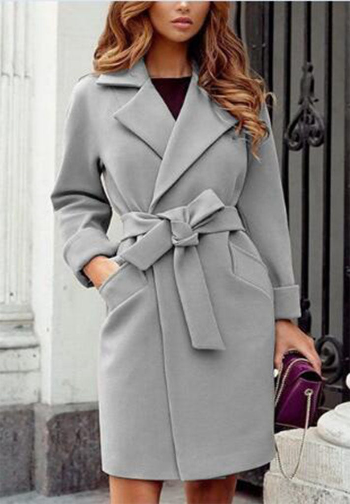 Women's Long Sleeve Woolen Coat with Waist Tie and Pockets in 7 Colors S-XXL - Wazzi's Wear