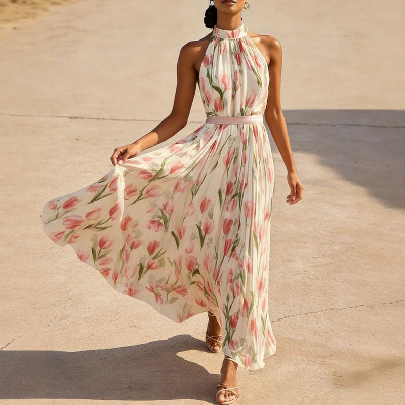 Womens Swing-Style Halterneck Printed Dress