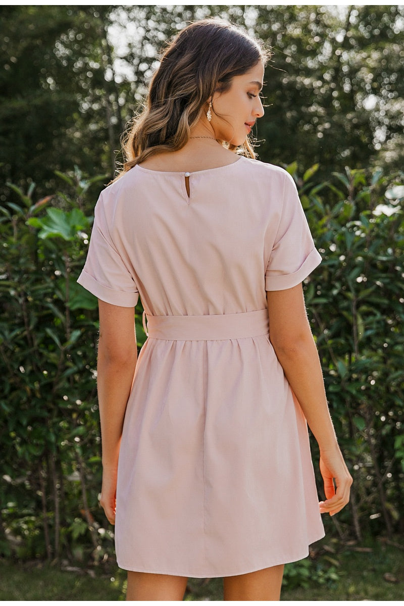 A-line skirt short sleeve belt short dress