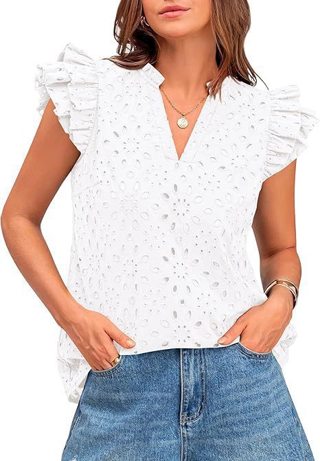 Women's Eyelet Top Fashion Casual V-neck Pleated Cover Sleeve Lace Embroidered Shirt