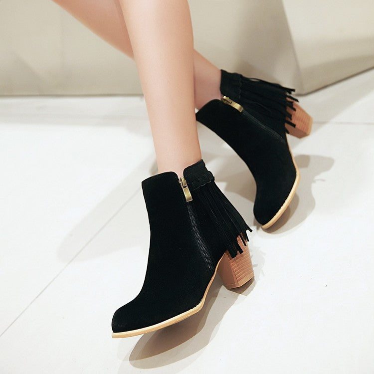 Women’s Suede Ankle Length Short Heel Boots with Tassels in 3 Colors - Wazzi's Wear