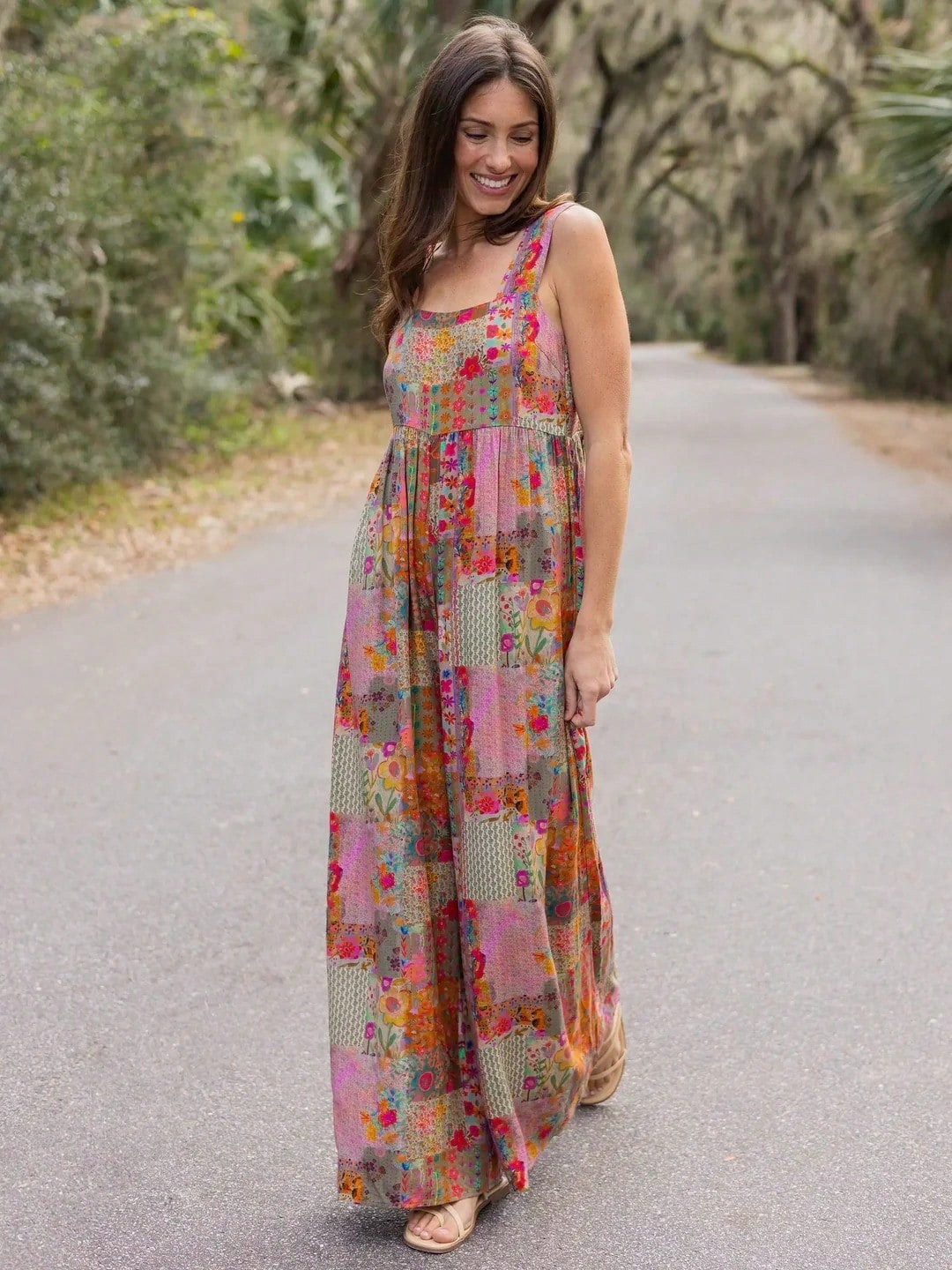 Patchwork Retro Suspender Wide-Leg Stretch Casual Jumpsuit