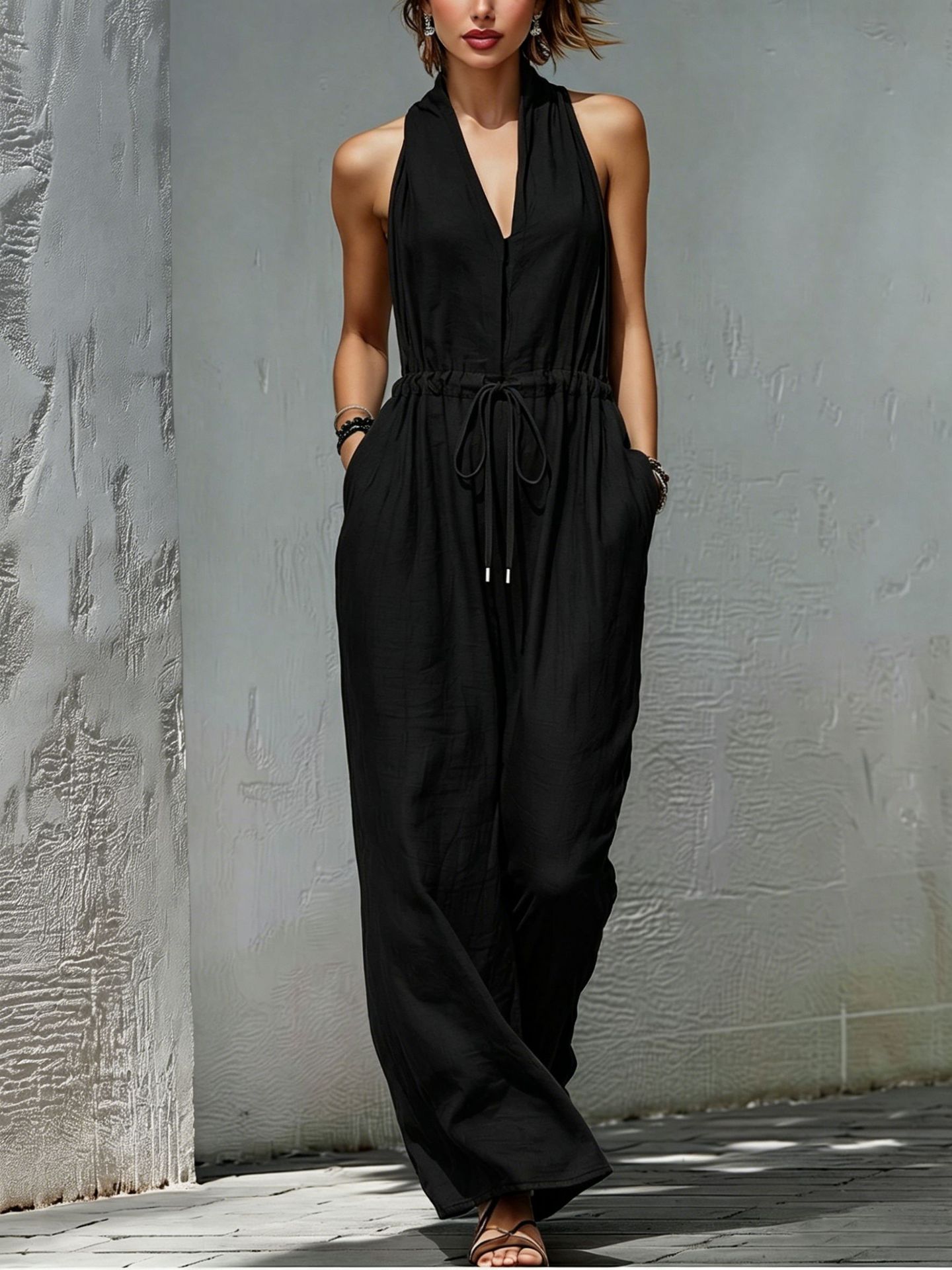 Womens Sleeveless Solid-Color Long Holiday Jumpsuit