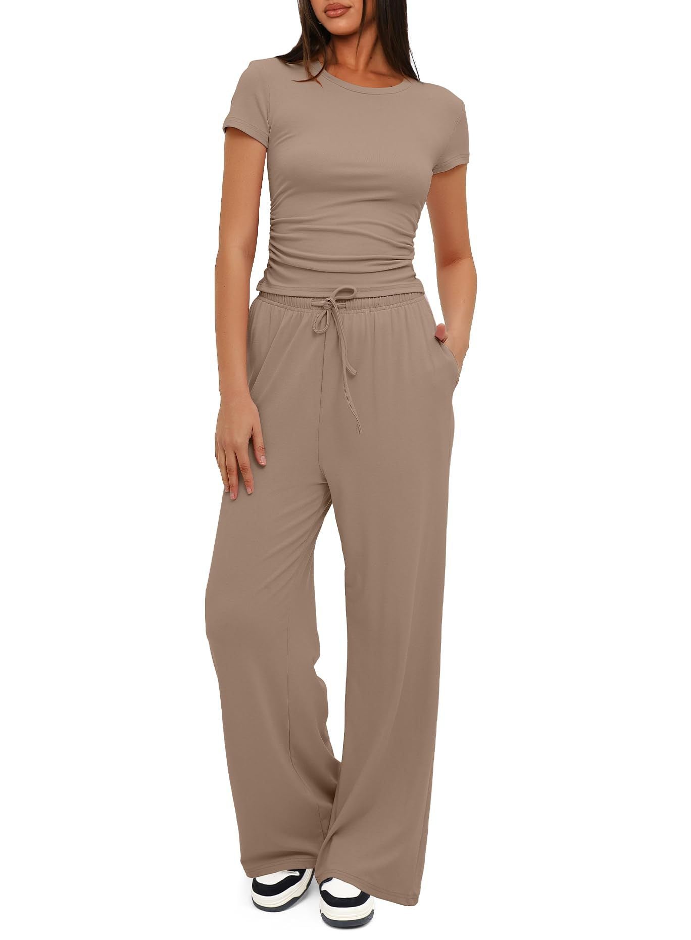 Women’s Short Sleeve Top with Matching Drawstring Wide-Leg Pants