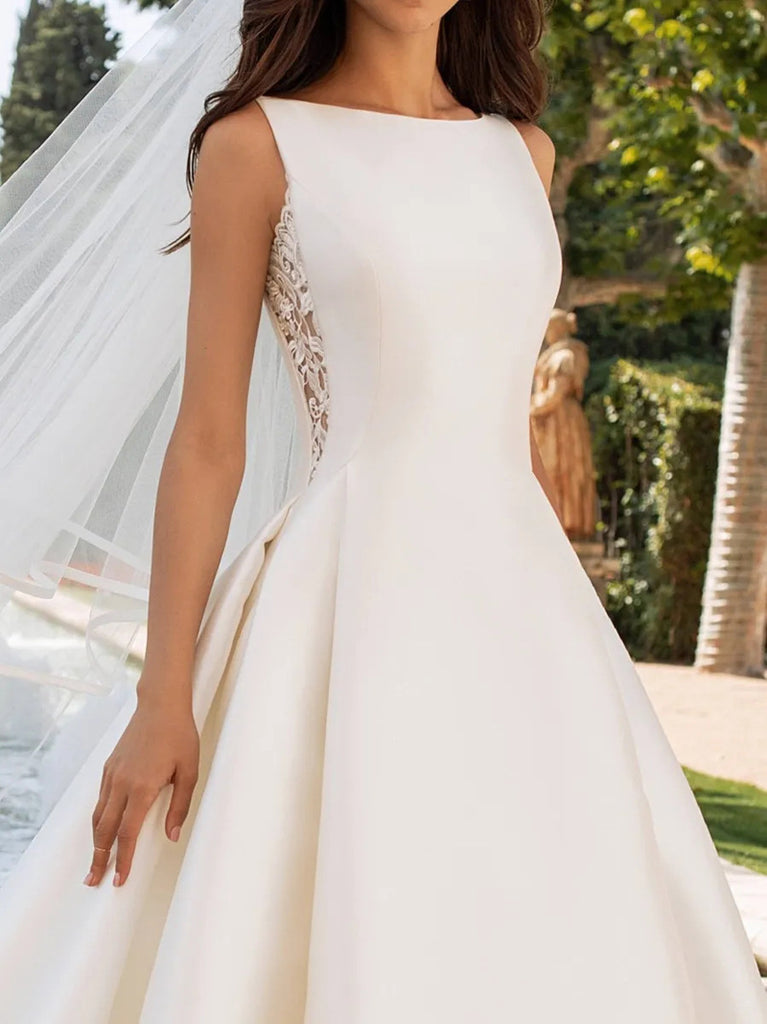 Women’s Sleeveless Satin Wedding Dress with Lace and High Waist Sizes 2-26W - Wazzi's Wear