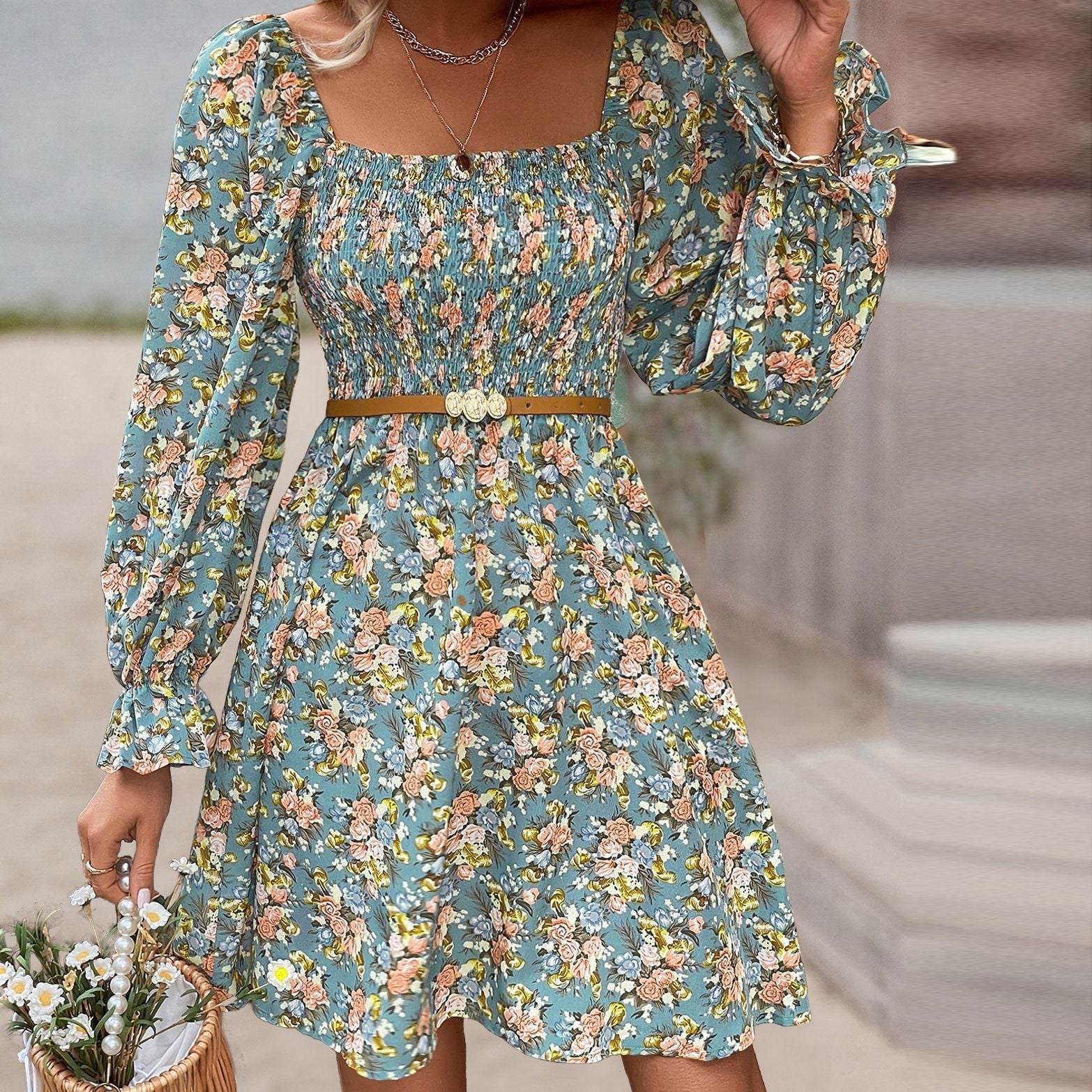 Women's Fashionable All-match Beach Print Square Collar High Waist Casual Dress