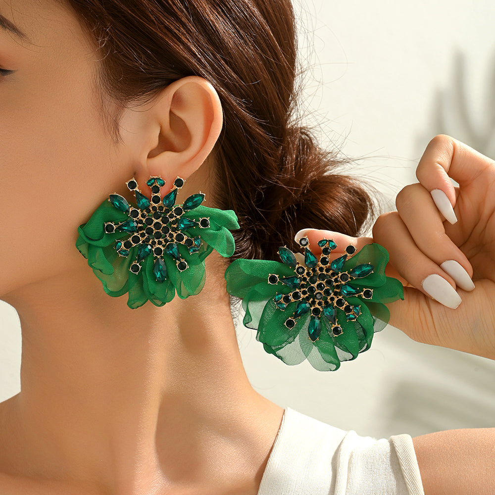 Rhinestone Chiffon Flower Stud Earrings For Women Colorful Crystal Bohemian Statement Jewelry For Party Prom Summer Beach Vacation