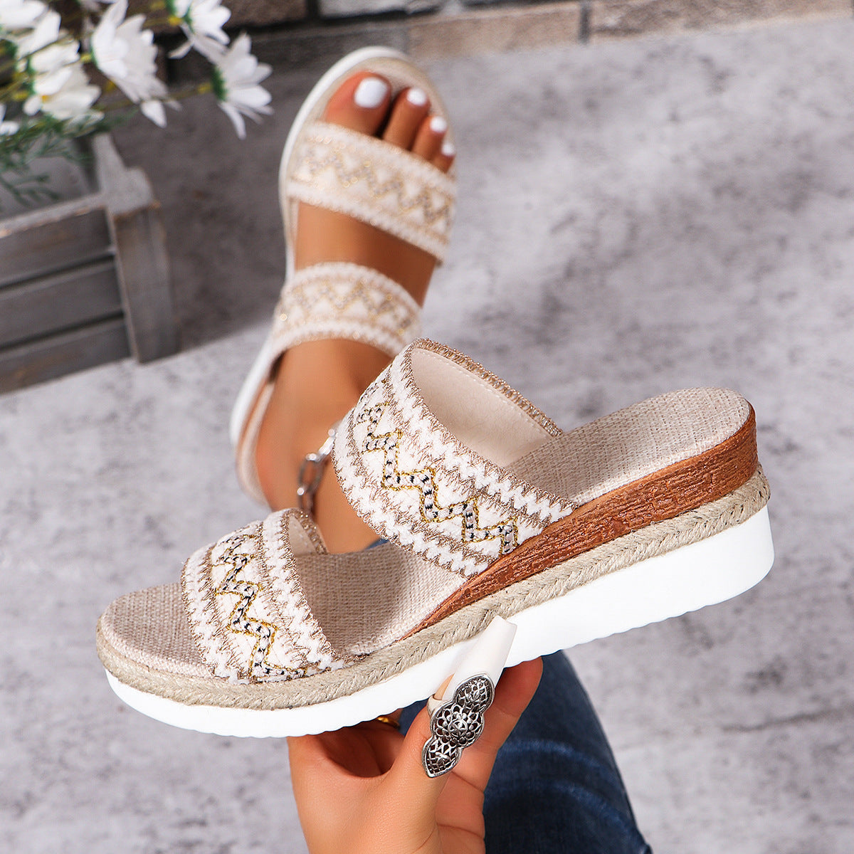 Women’s Woven Wide Linen Strap Ethnic Sandals with Wedge Heel