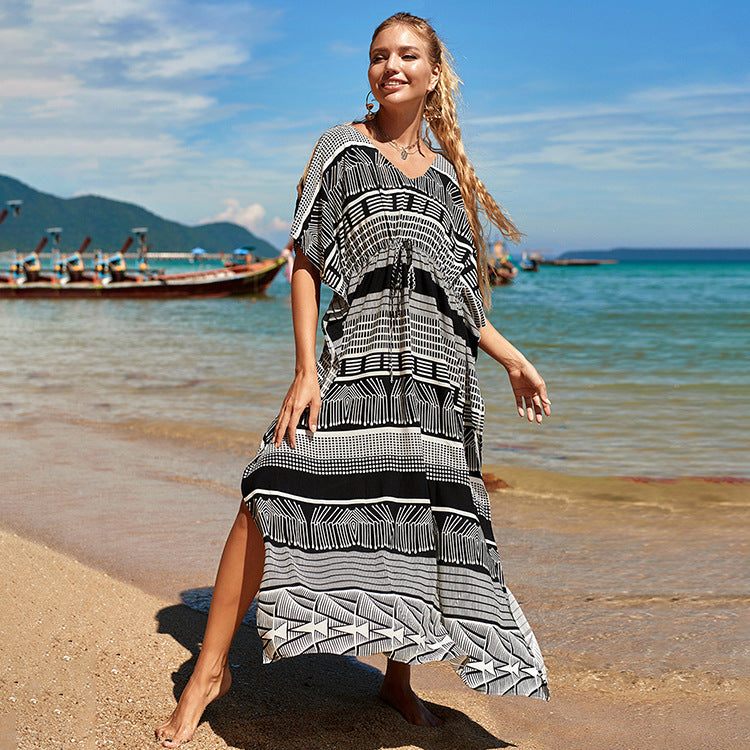 Woman Cotton Black And White Line Seaside Vacation Coat Blouse Sunscreen