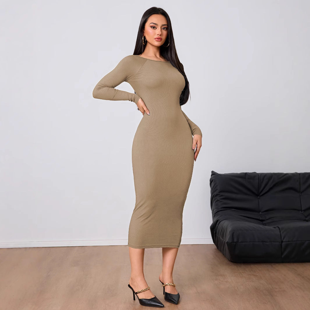 Women's Fashion Simple Dress Autumn Winter Sexy Backless Bodycon Midi Skirt