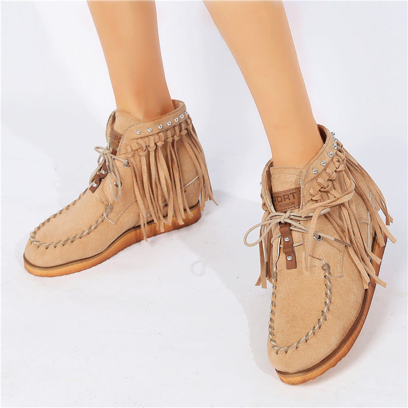 Women’s Suede Lace-Up Moccasins with Fringe and Thick Sole in 3 Colors - Wazzi's Wear