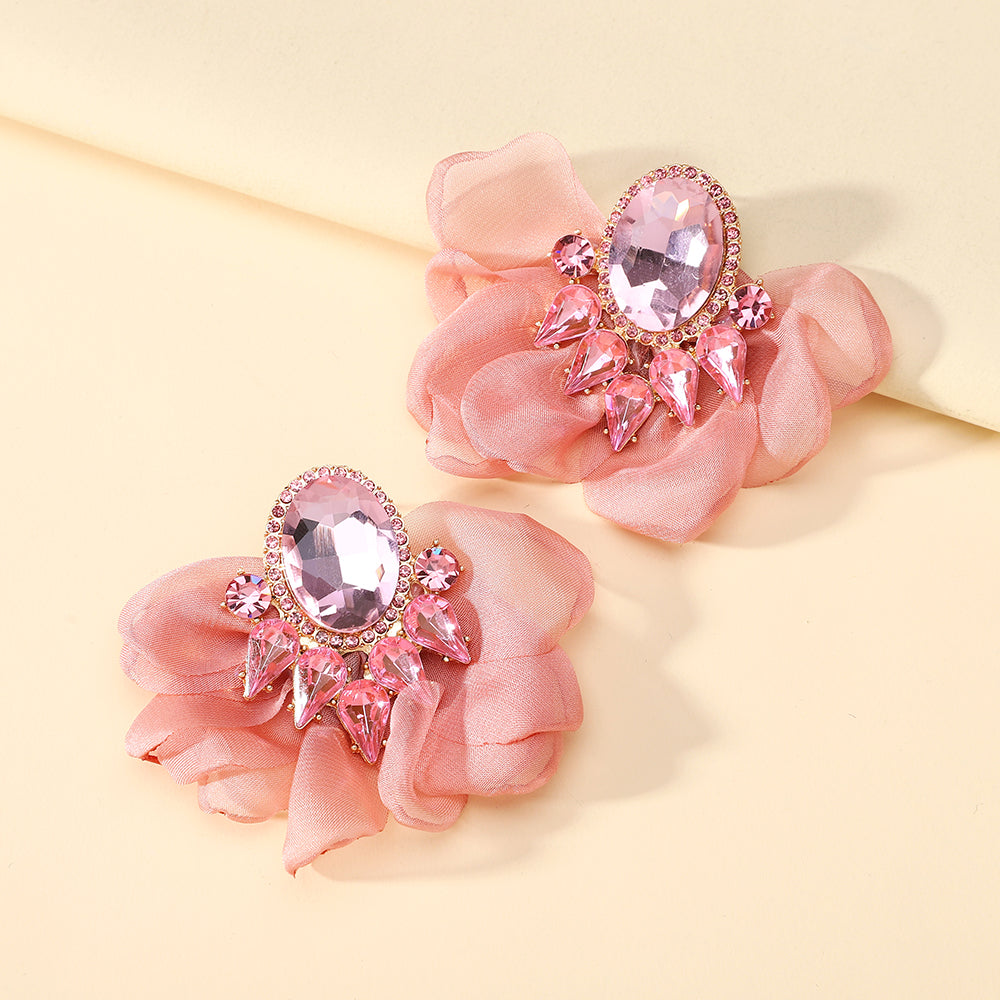 Handmade Coloful Glass Chiffon Flower Stud Earrings For Women Bold Fashion Jewelry Party Prom Vacation