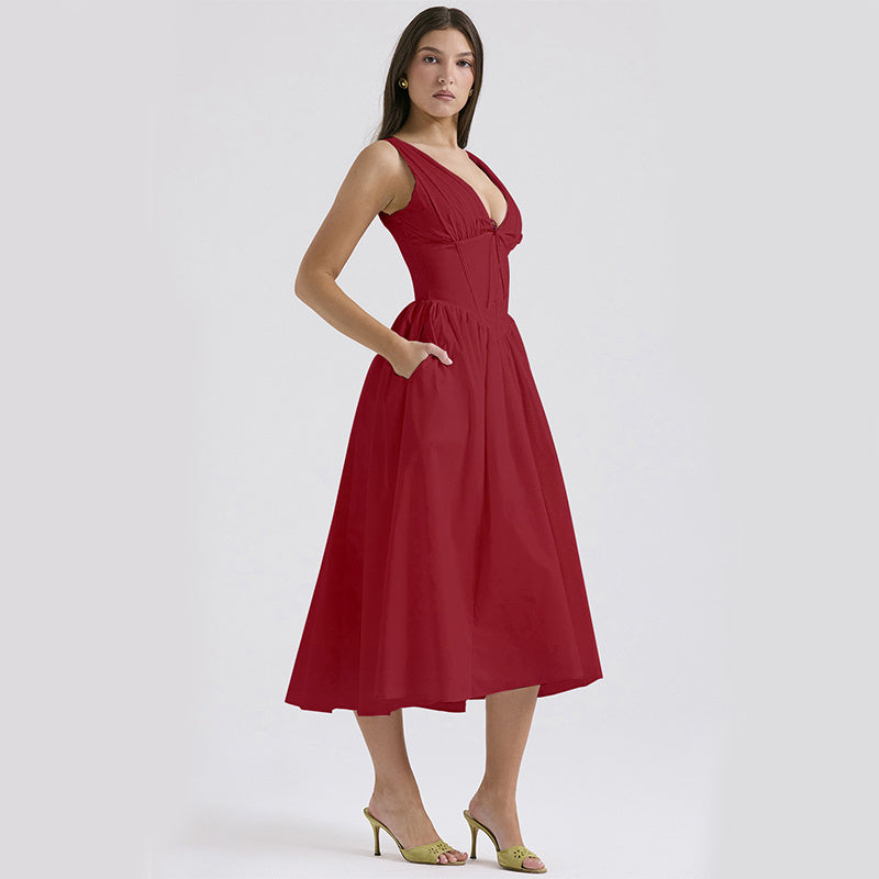 Women’s Sleeveless V-Neck Pleated A-Line Formal Midi Dress