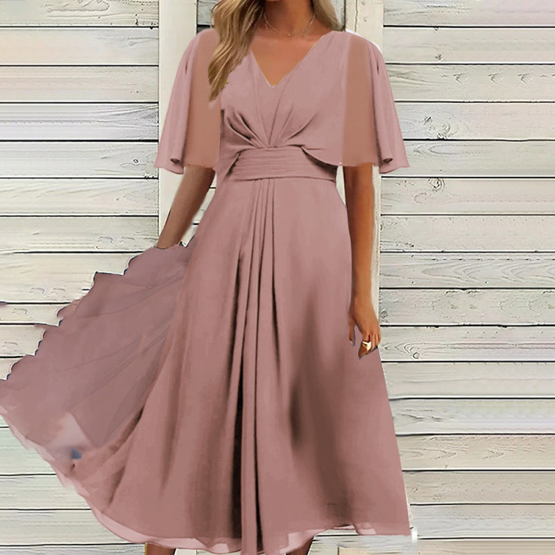 Women’s Elegant V-Neck Chiffon Formal Dress with Short Flutter Sleeves