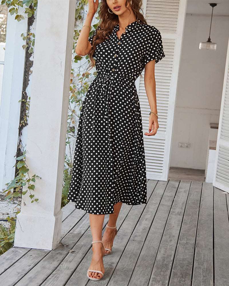 Women’s Polka Dot Short Sleeve Midi Dress with Waist Tie