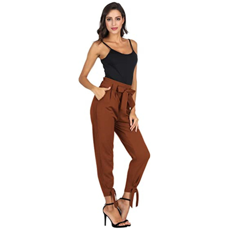 Women’s High Waisted Cuffed Pants with Pockets and Bows