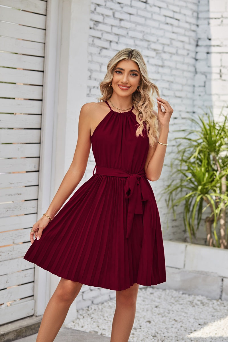 Vestido midi de chiffon plissado com decote haltere e laço na cintura para mulher em 8 cores S-XXL