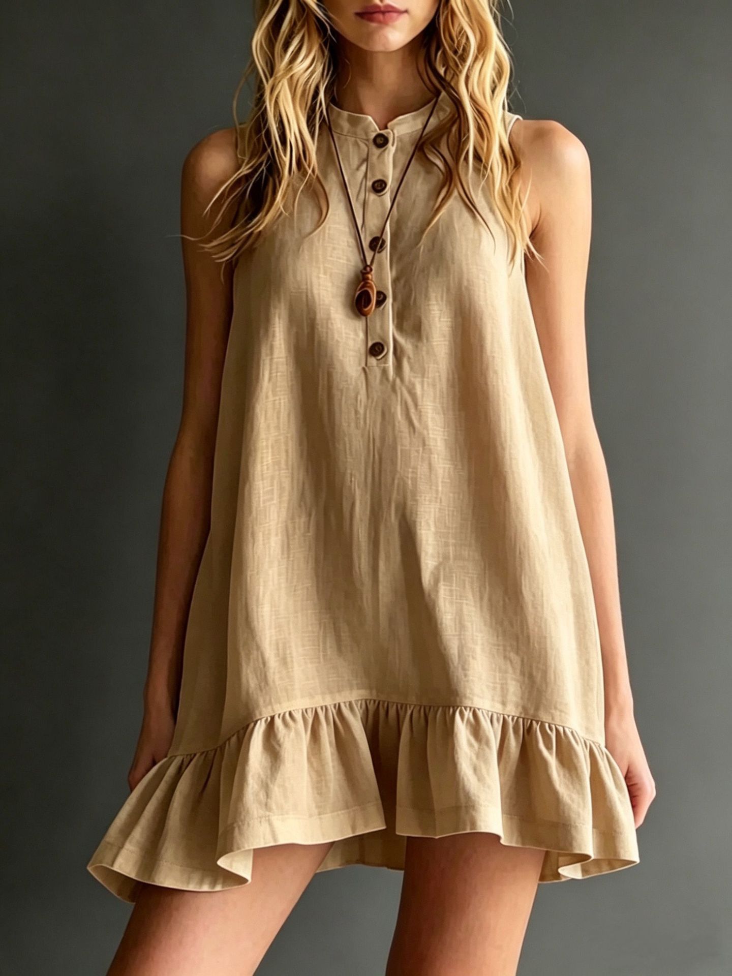 Cotton-Linen Solid-Color Stand Collar Sleeveless Ruffle-Trim Dress