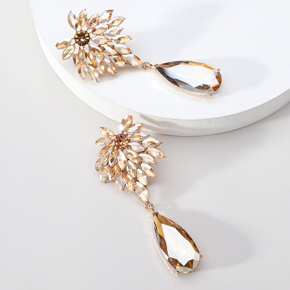 Floral Crystal Teardrop Dangle Earrings Statement Rhinestone Drop Jewelry For Women Party Wedding Bridal Prom