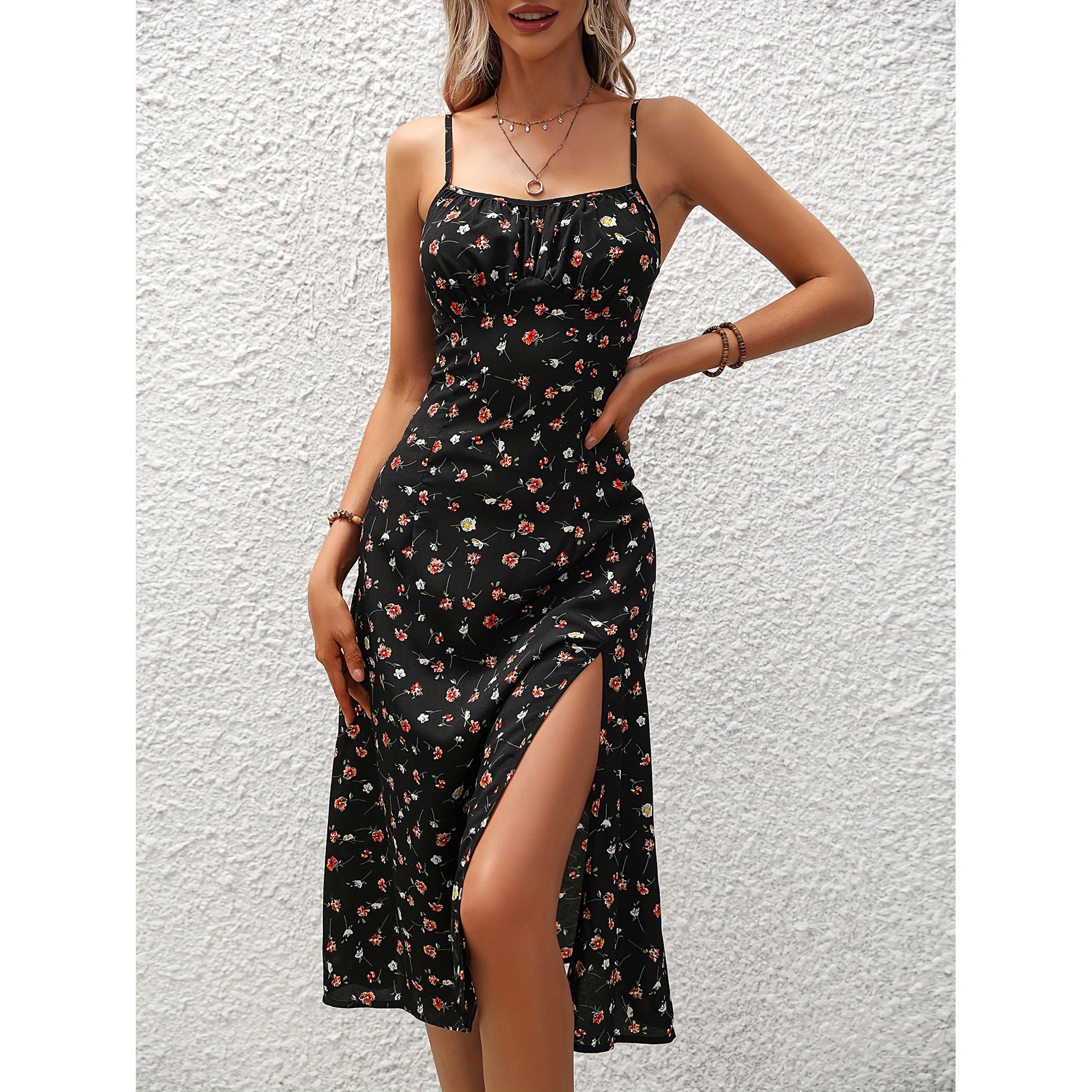 Women’s Midi Dress with Spaghetti Straps and Leg Slit 