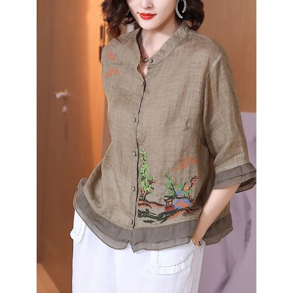 Women's Vintage Cotton Linen Embroidered T-shirt