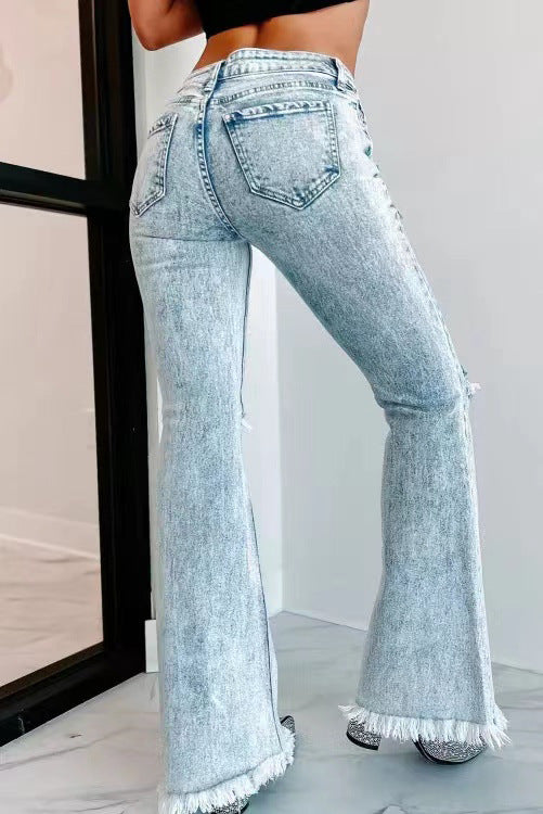 Women's Ripped Washed High Waist Bellbottom Jeans S-2XL - Wazzi's Wear