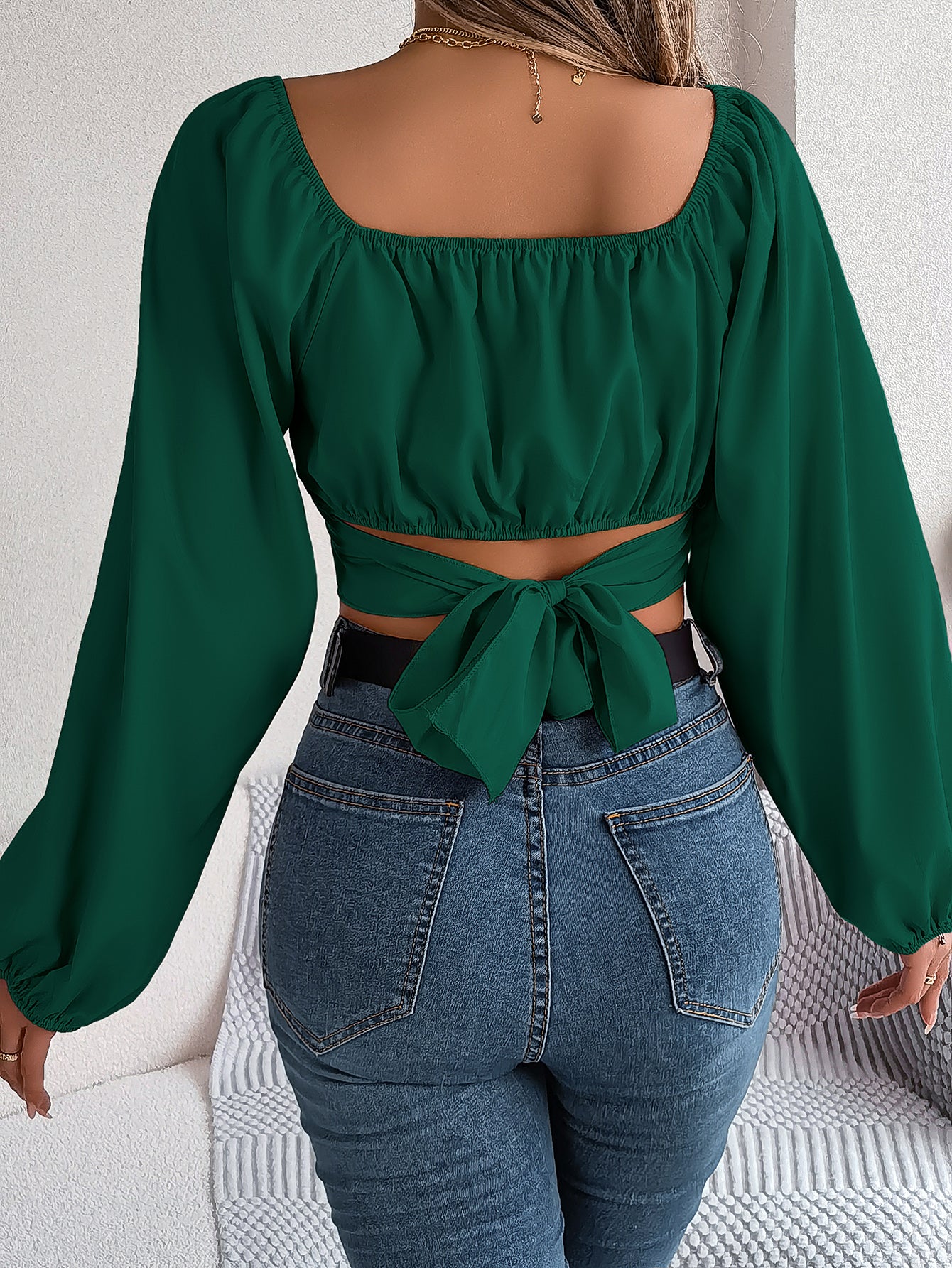 Women's Casual Lantern Sleeve Tie Waist Chiffon Crop Top