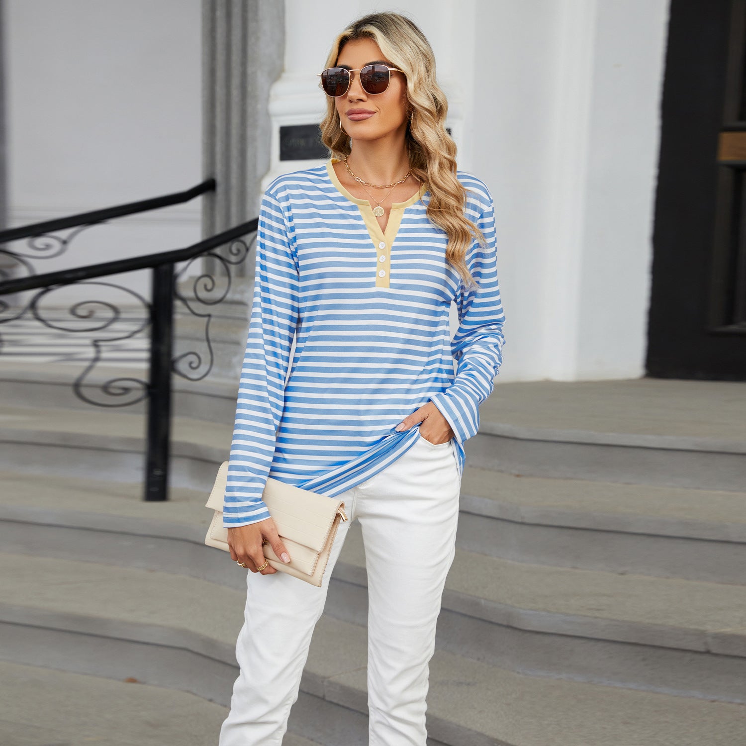 Women's V-Neck Striped Long Sleeve Shirt