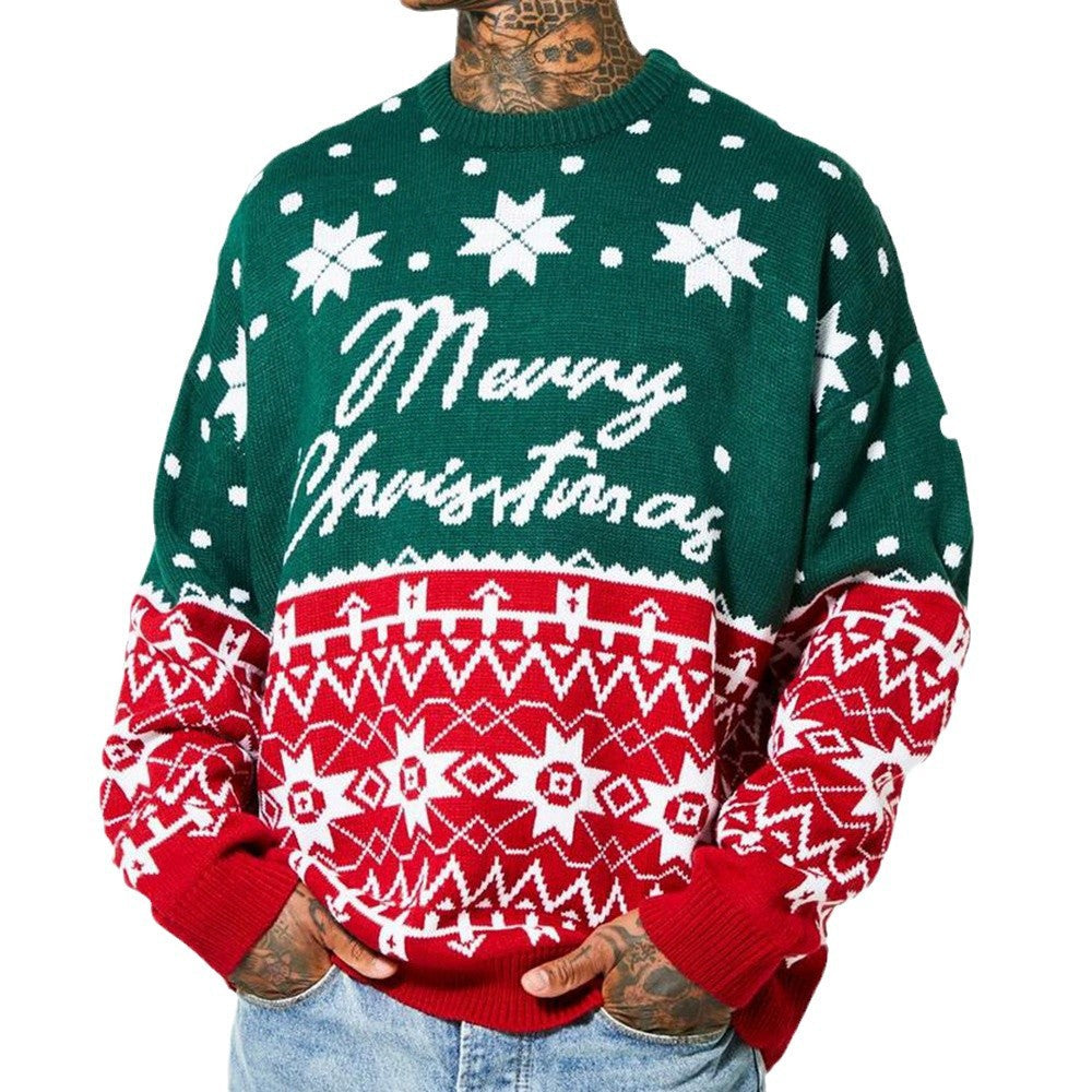 Men's new fashion knitted jacquard loose round neck Merry Christmas pullover sweater in green, red, and white for autumn and winter