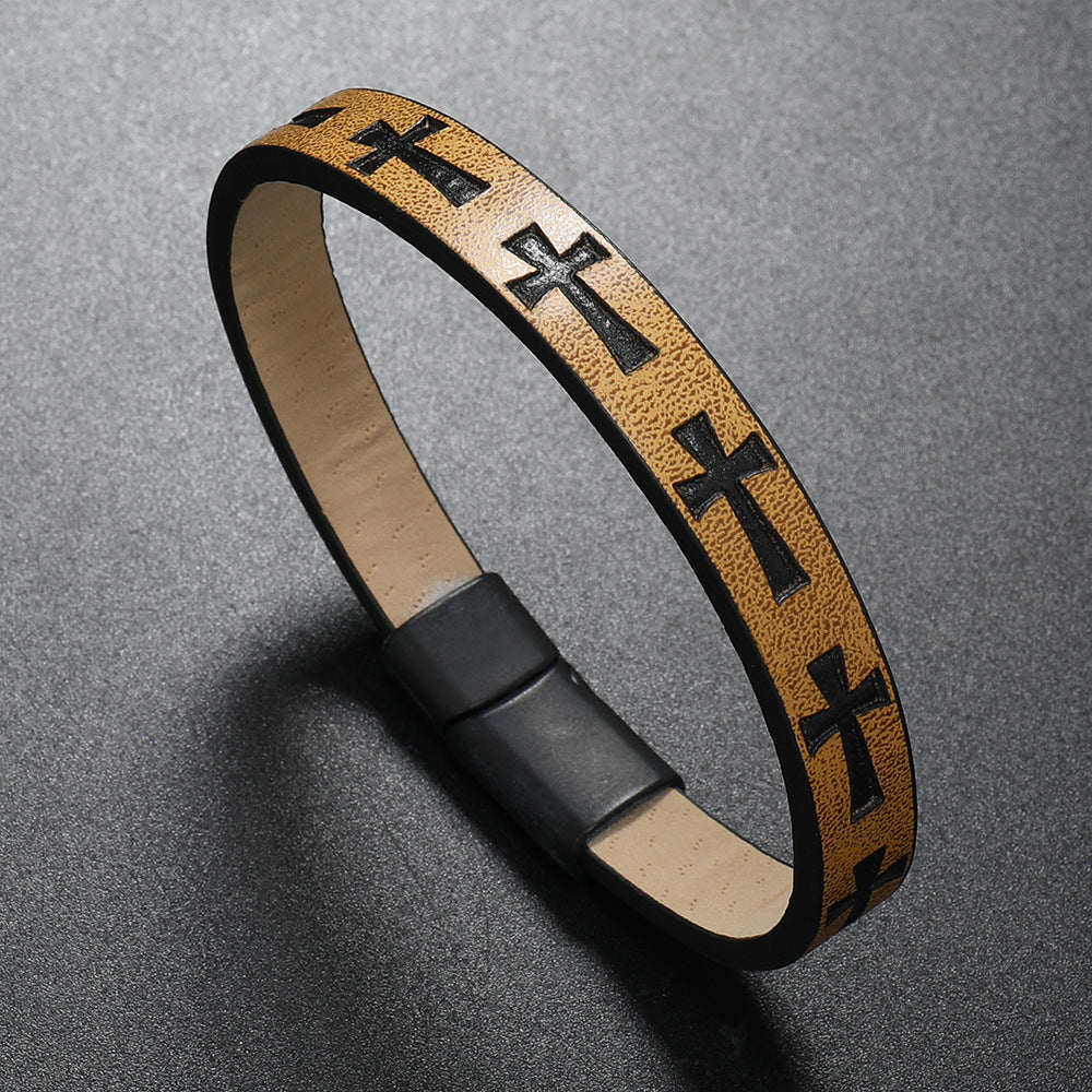 Leather Bracelet with Cross Print and Magnetic Buckle