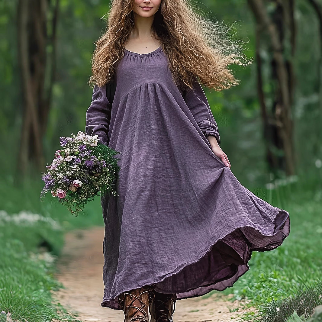 Linen Retro Bohemian Pleated High-Waisted Casual Dress