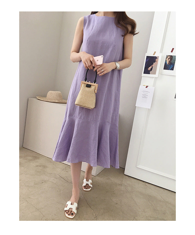Taro Purple Linen Dress Casual Sleeveless Loose Slimming Fishtail