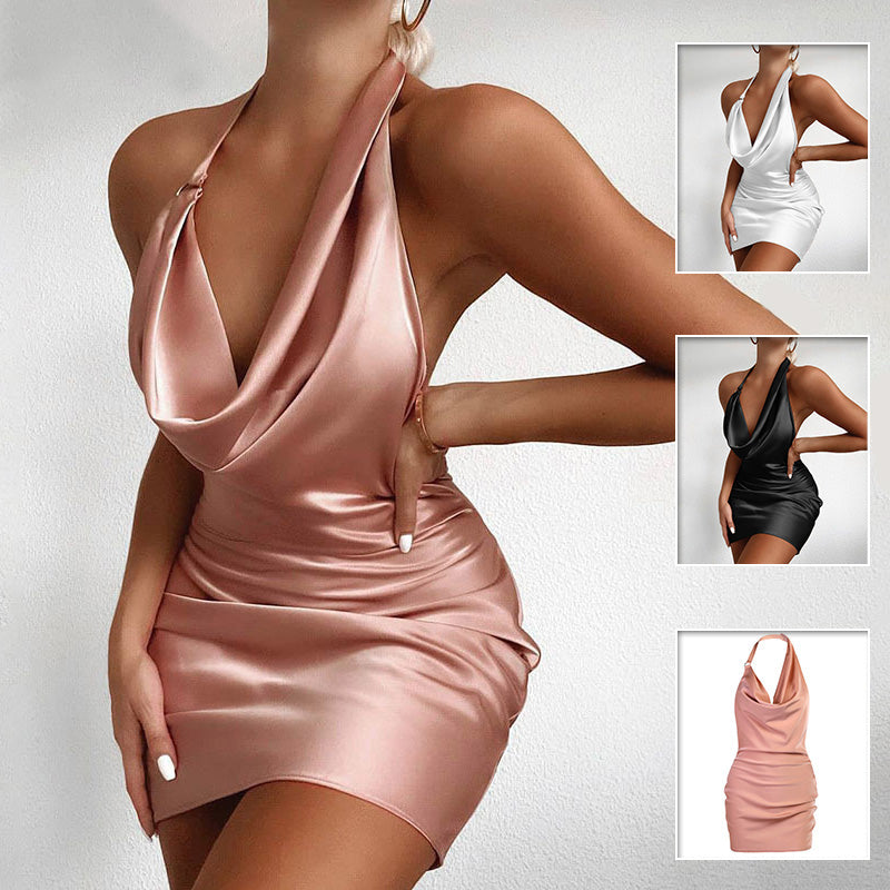 Women’s Satin V-Neck Backless Sleeveless Party Dress in 3 Colors S-L - Wazzi's Wear