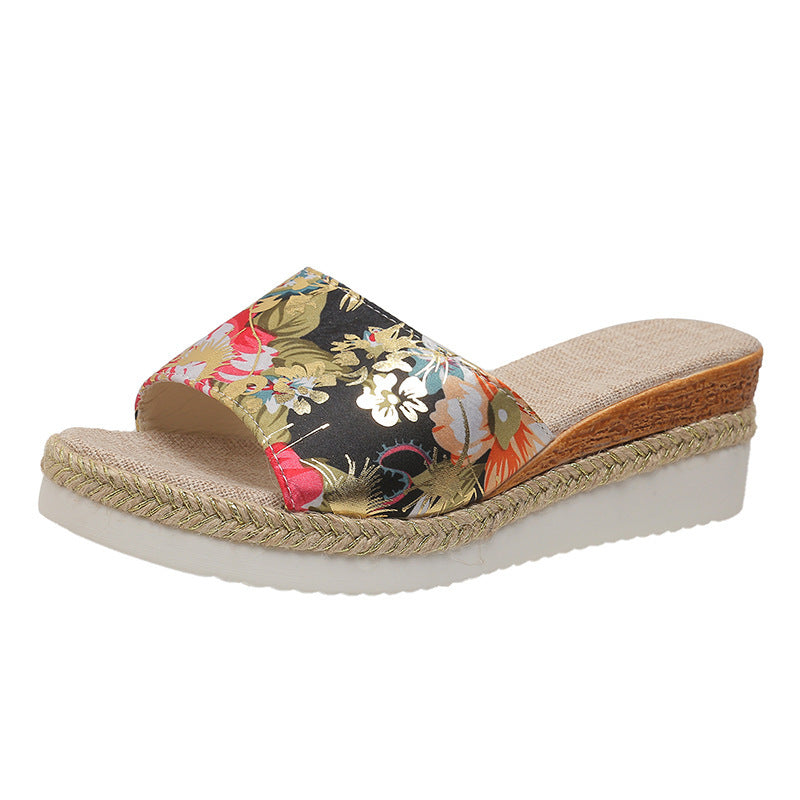 Women's Floral Wide Strap Wedge Sandals