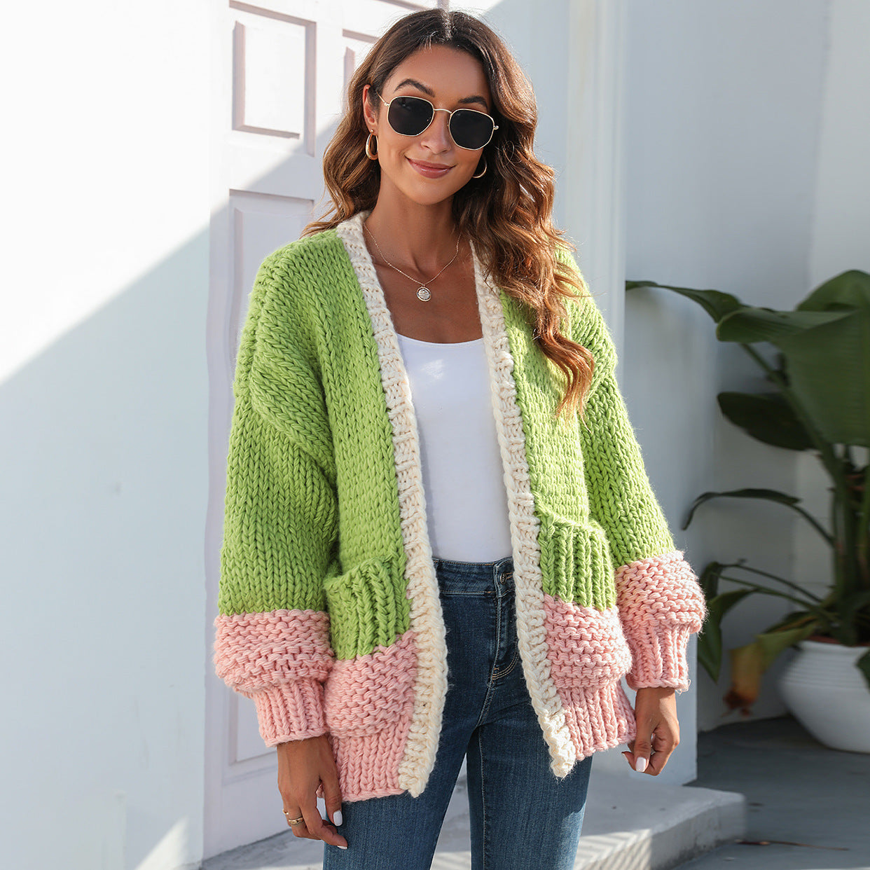Thick Sweater Idle Style Contrast Color Knitted Cardigan For Women