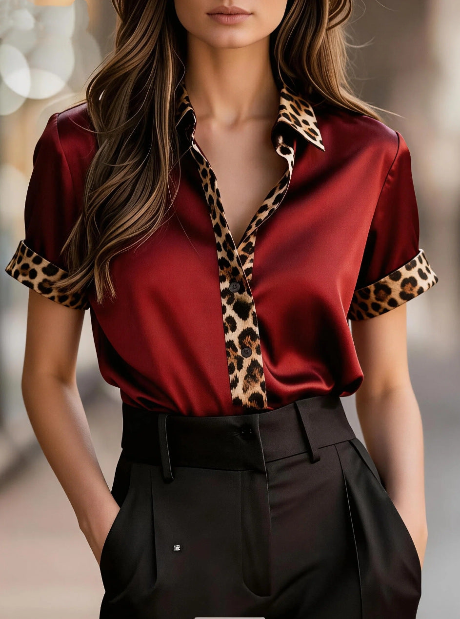 Leopard-Print Contrasting-Color Satin Elegant Commuter All-Match Shirt For Women