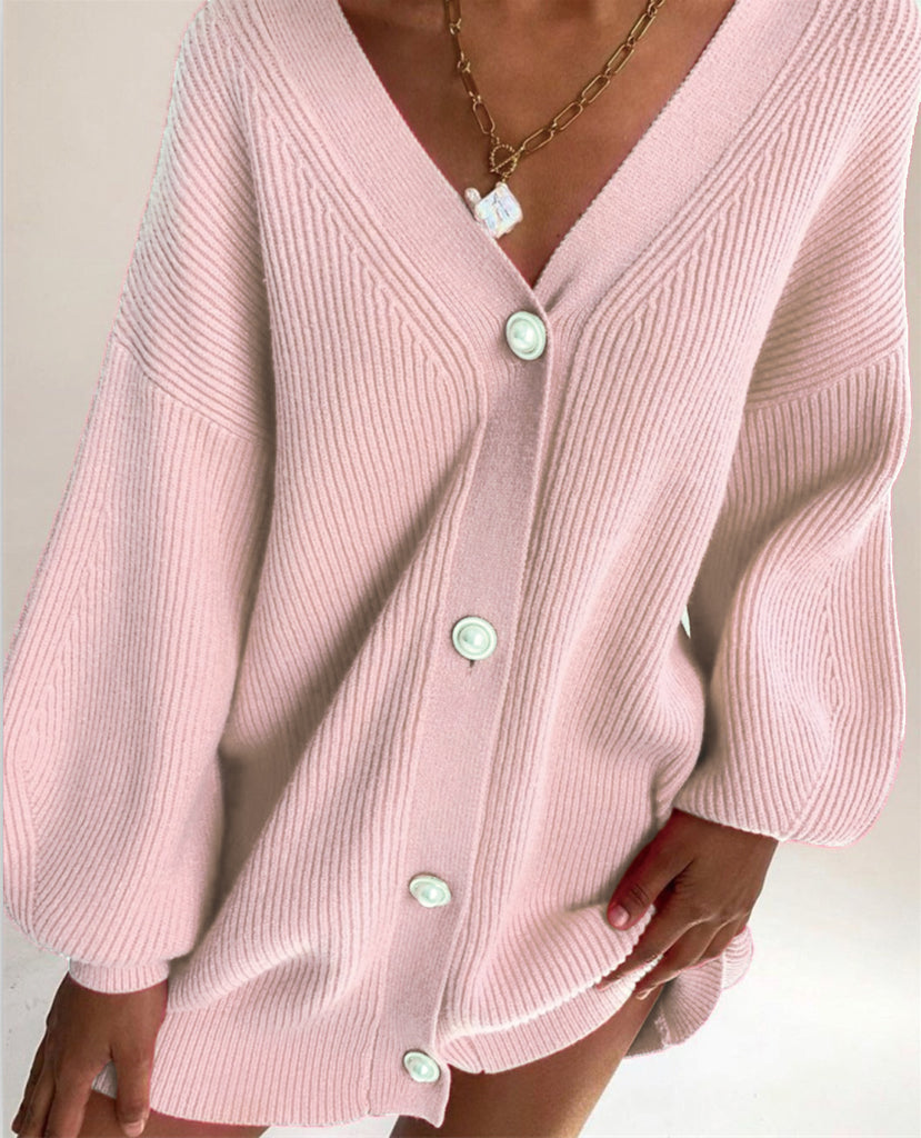 Women’s Long Sleeve V-Neck Sweater Cardigan with Pearl Buttons in 7 Colors S-L - Wazzi's Wear