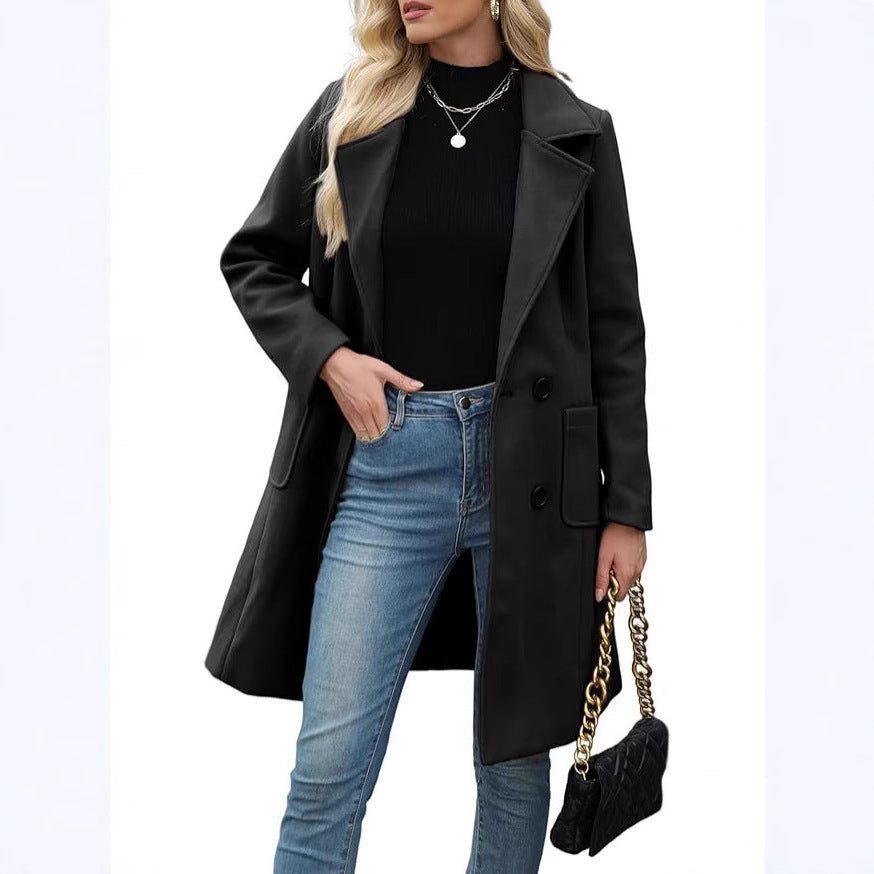 Winter Korean Style Slim Mid-length Double Breasted Turn-down Collar Coat
