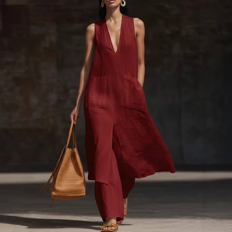 Casual New Style V-Neck Sleeveless Dress Set
