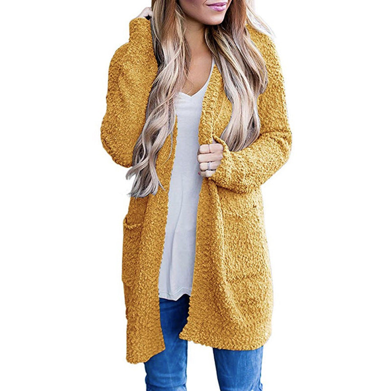 Women’s Solid Color Fleece Mid-Length Cardigan