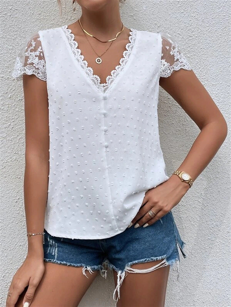 Women’s V-Neck Short Lace Sleeve Top with Decorative Buttons in 3 Colors S-XXL - Wazzi's Wear