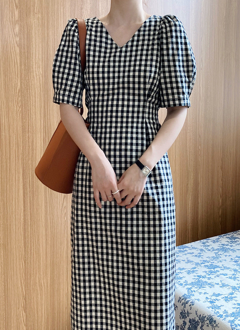 French Vintage Cotton Linen Black And White Plaid Dress