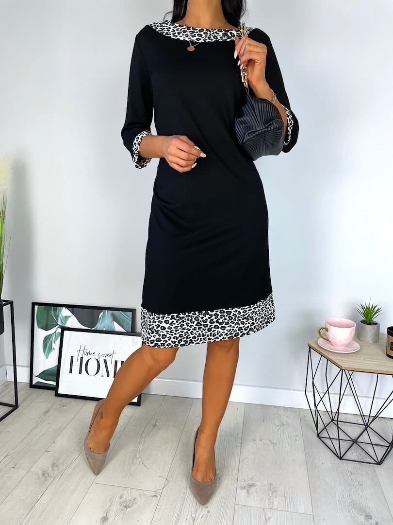 Women’s Three-Quarter Sleeve Black Midi Dress with Leopard Print Trim