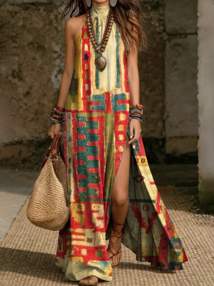 Loose-fit Printed Halterneck Split Dress